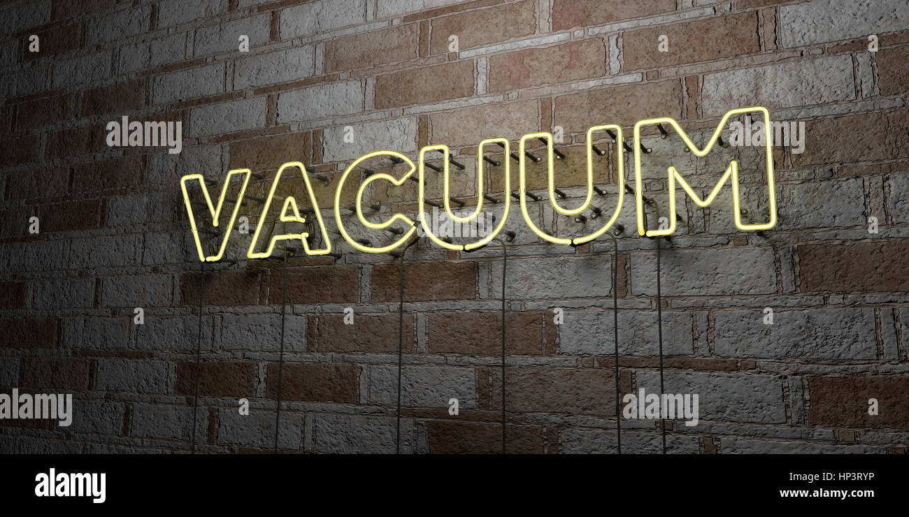 VACUUM - Glowing Neon Sign on stonework wall - 3D rendered royalty free stock illustration.  Can be used for online banner ads and direct mailers. Stock Photo