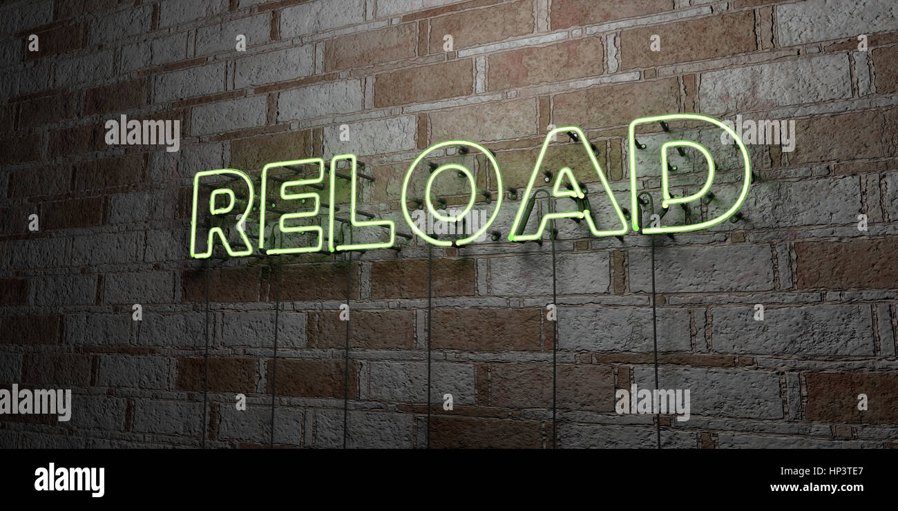 RELOAD - Glowing Neon Sign on stonework wall - 3D rendered royalty free stock illustration.  Can be used for online banner ads and direct mailers. Stock Photo