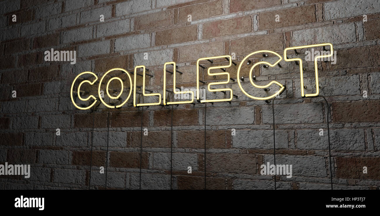 COLLECT - Glowing Neon Sign on stonework wall - 3D rendered royalty free stock illustration.  Can be used for online banner ads and direct mailers. Stock Photo
