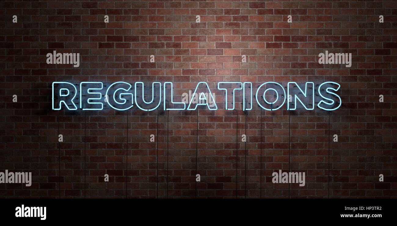 REGULATIONS fluorescent Neon tube Sign on brickwork Front view 3D