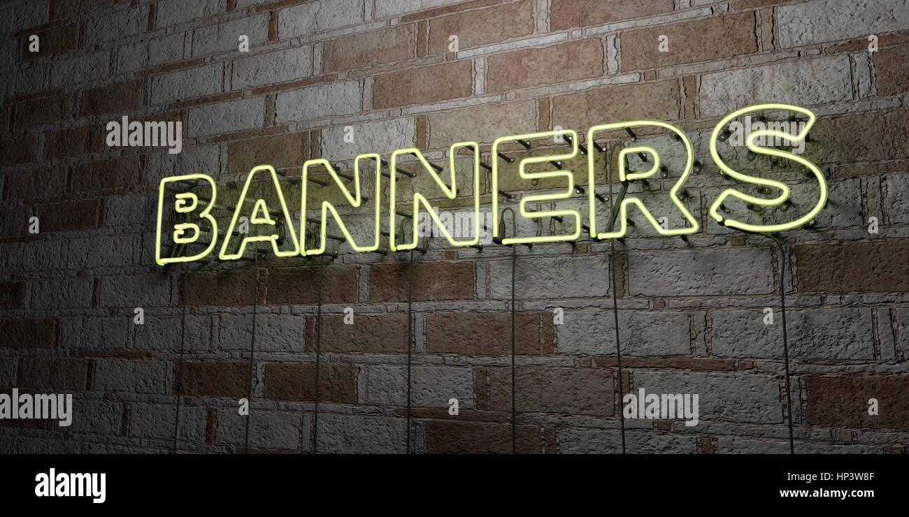 BANNERS - Glowing Neon Sign on stonework wall - 3D rendered royalty free stock illustration.  Can be used for online banner ads and direct mailers. Stock Photo