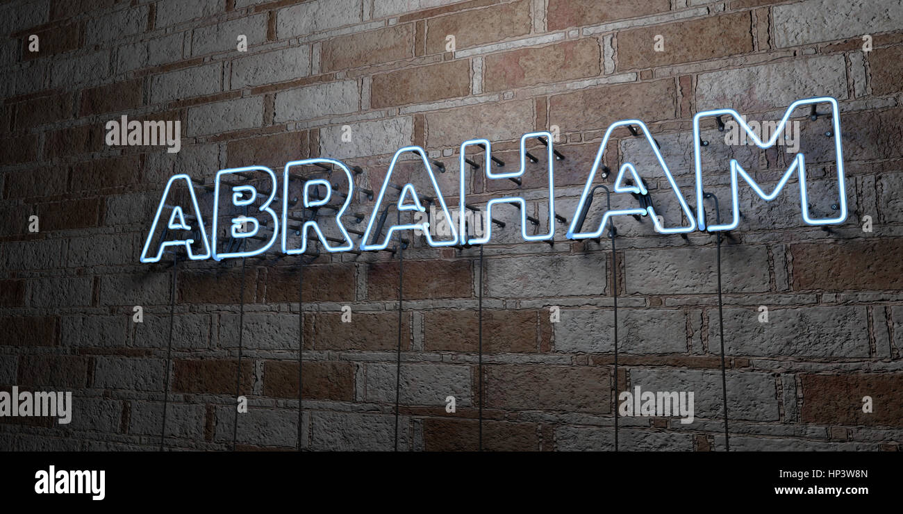 ABRAHAM - Glowing Neon Sign on stonework wall - 3D rendered royalty free stock illustration.  Can be used for online banner ads and direct mailers. Stock Photo