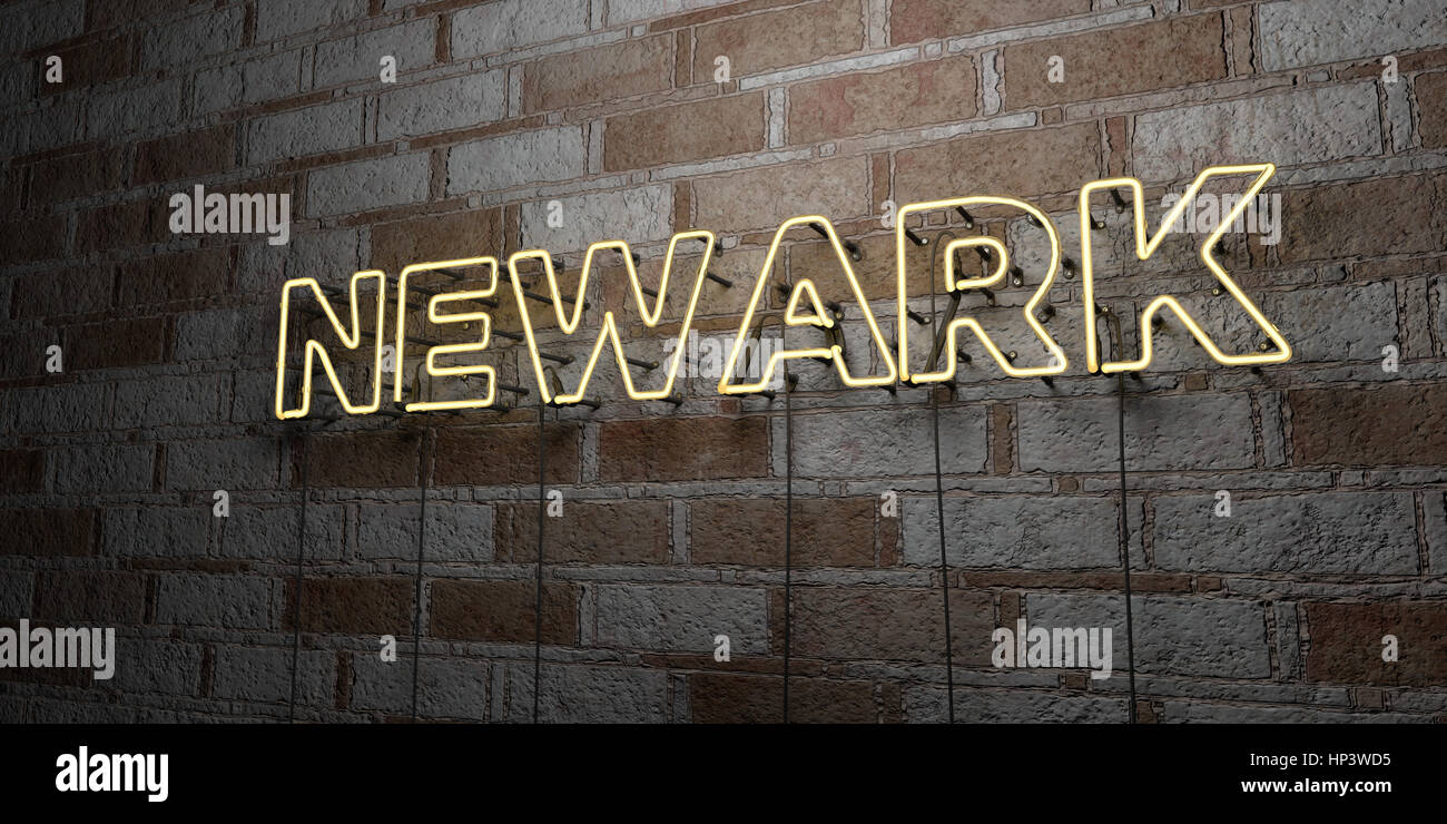 NEWARK - Glowing Neon Sign on stonework wall - 3D rendered royalty free stock illustration.  Can be used for online banner ads and direct mailers. Stock Photo