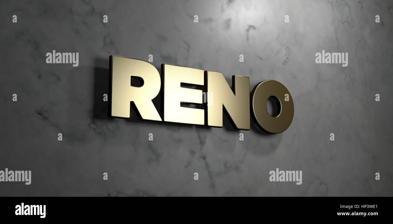Reno - Gold sign mounted on glossy marble wall - 3D rendered royalty ...