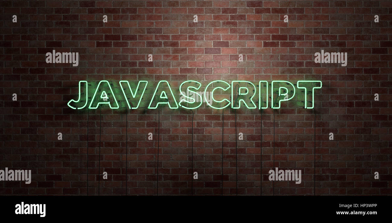 JAVASCRIPT - fluorescent Neon tube Sign on brickwork - Front view - 3D ...