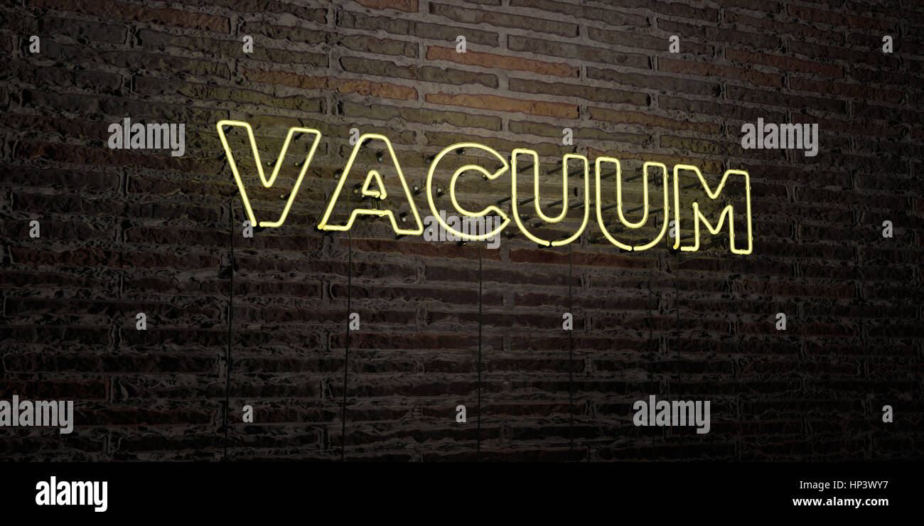 VACUUM -Realistic Neon Sign on Brick Wall background - 3D rendered royalty free stock image. Can be used for online banner ads and direct mailers. Stock Photo