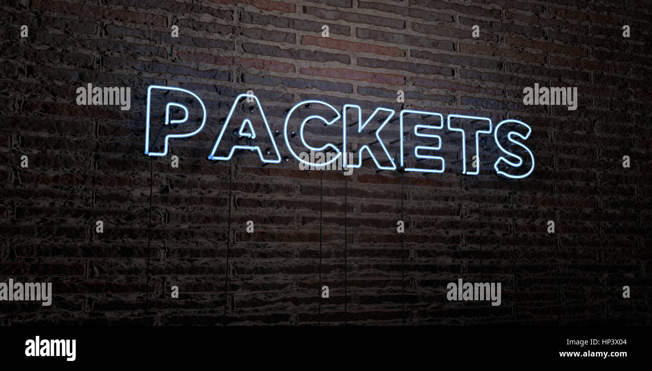 PACKETS -Realistic Neon Sign on Brick Wall background - 3D rendered ...