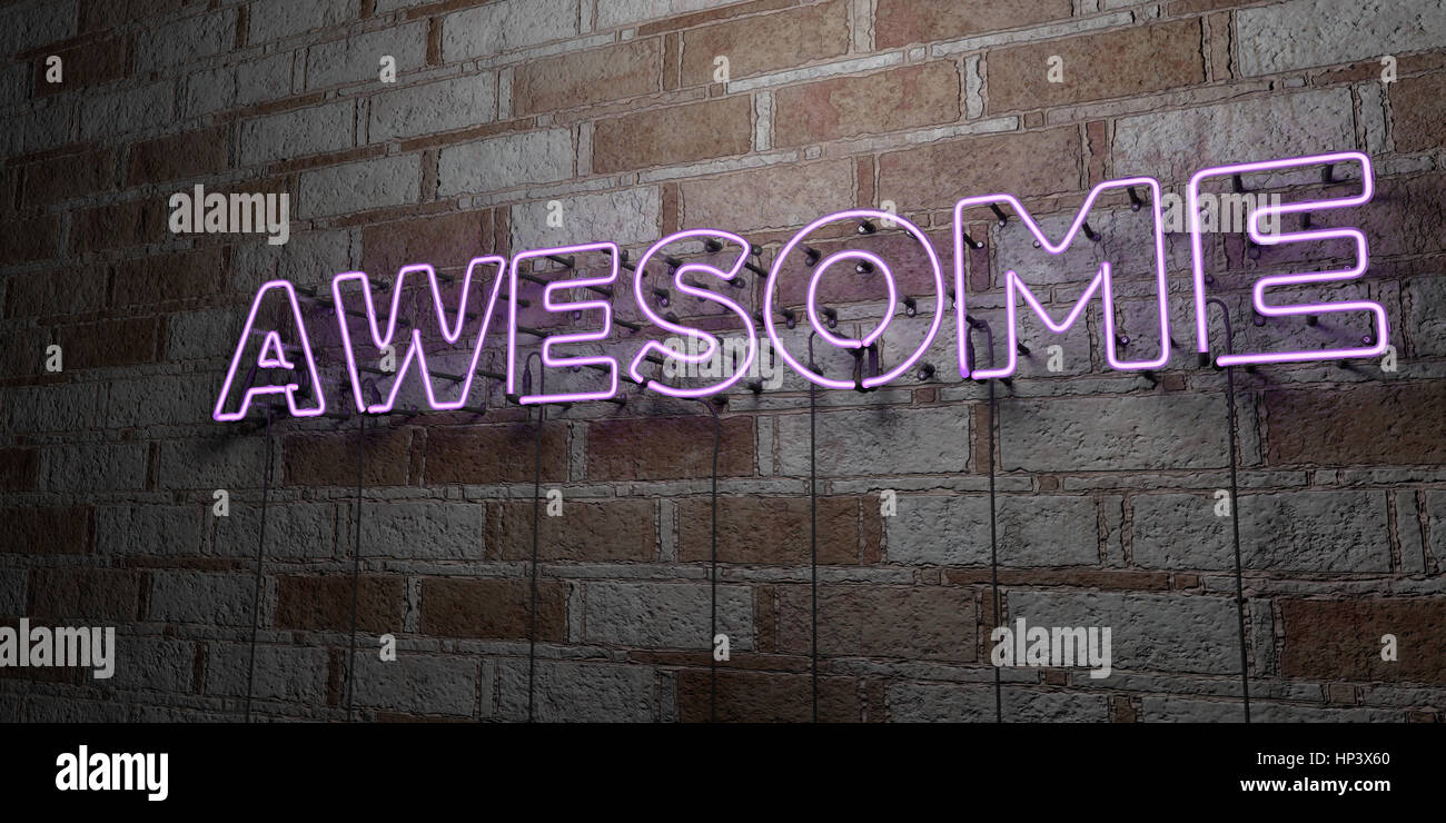 AWESOME - Glowing Neon Sign on stonework wall - 3D rendered royalty free stock illustration.  Can be used for online banner ads and direct mailers. Stock Photo