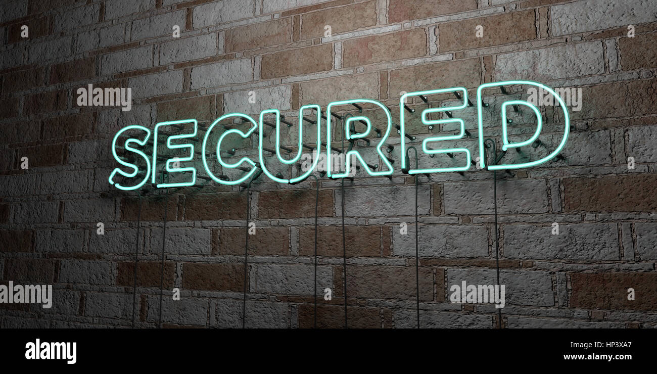 Secured Building Sign SECURED - Glowing Neon Sign on stonework wall - 3D rendered royalty ...