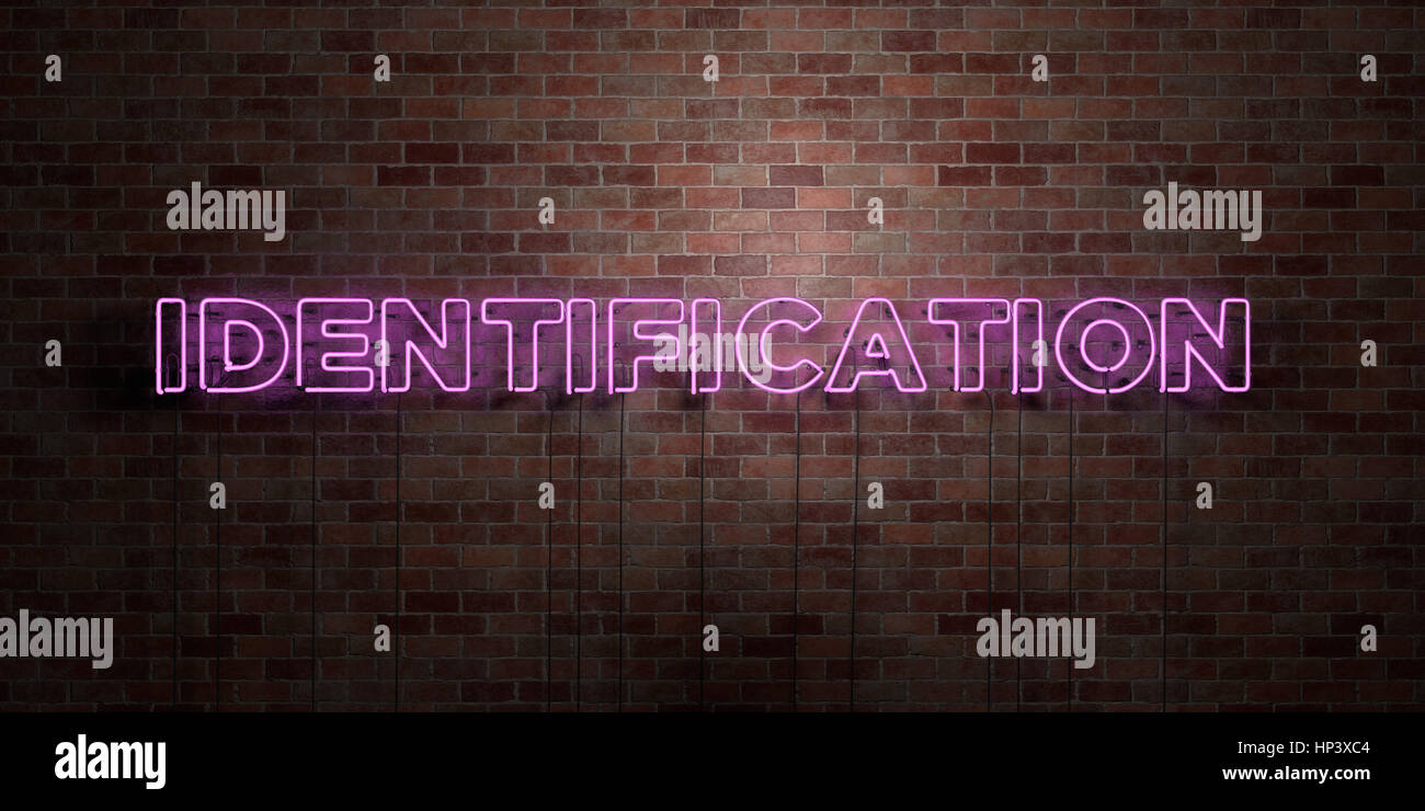 IDENTIFICATION fluorescent Neon tube Sign on brickwork Front view
