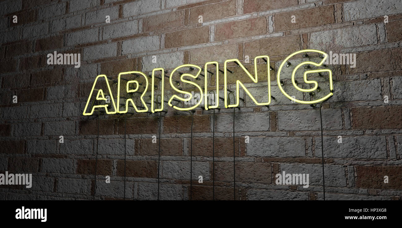ARISING - Glowing Neon Sign on stonework wall - 3D rendered royalty free stock illustration.  Can be used for online banner ads and direct mailers. Stock Photo