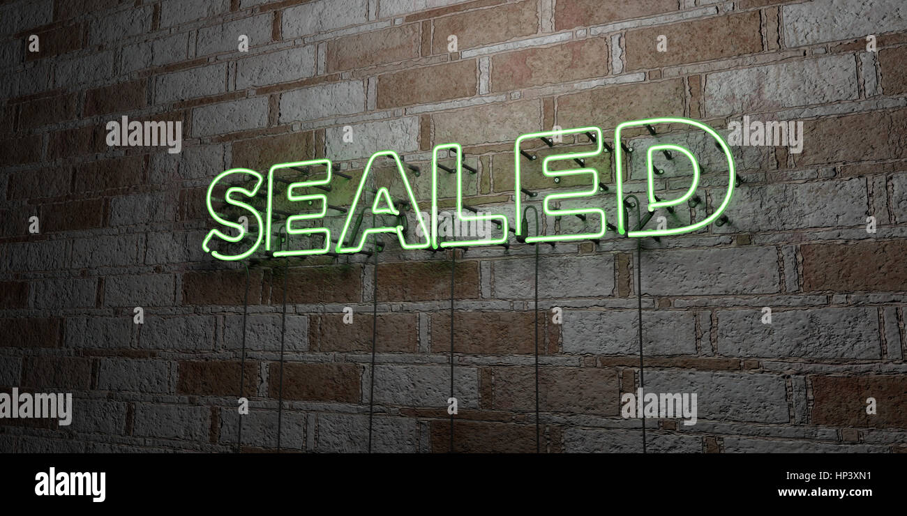 SEALED - Glowing Neon Sign on stonework wall - 3D rendered royalty free stock illustration.  Can be used for online banner ads and direct mailers. Stock Photo