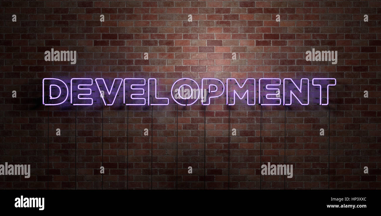 DEVELOPMENT - fluorescent Neon tube Sign on brickwork - Front view - 3D ...