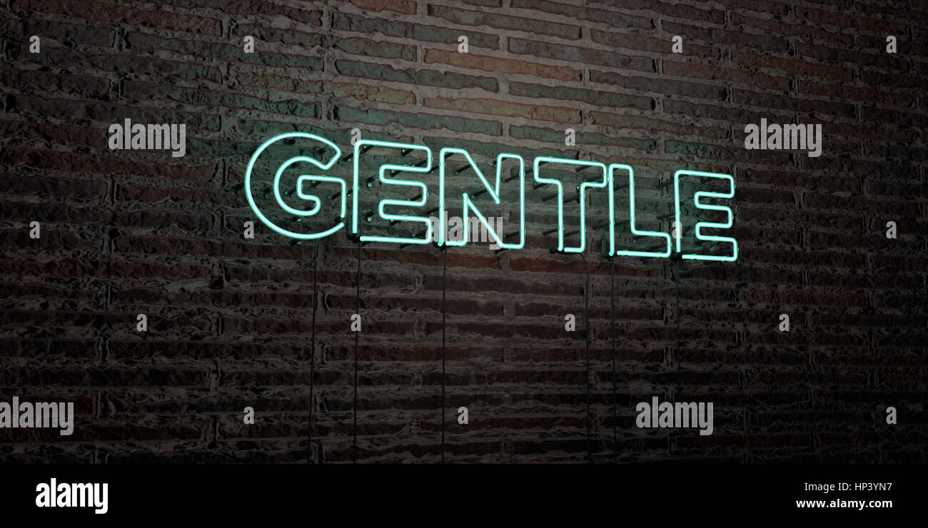 GENTLE -Realistic Neon Sign on Brick Wall background - 3D rendered royalty free stock image. Can be used for online banner ads and direct mailers. Stock Photo