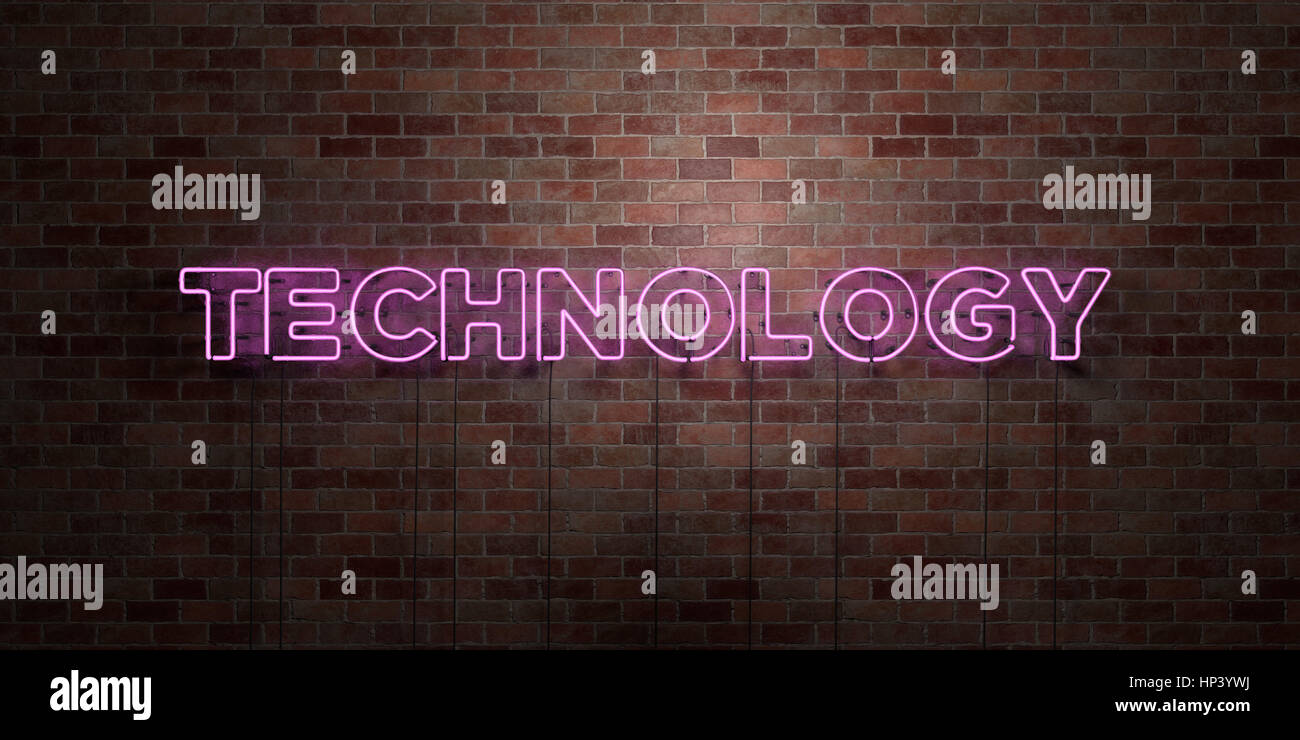 TECHNOLOGY - fluorescent Neon tube Sign on brickwork - Front view - 3D ...