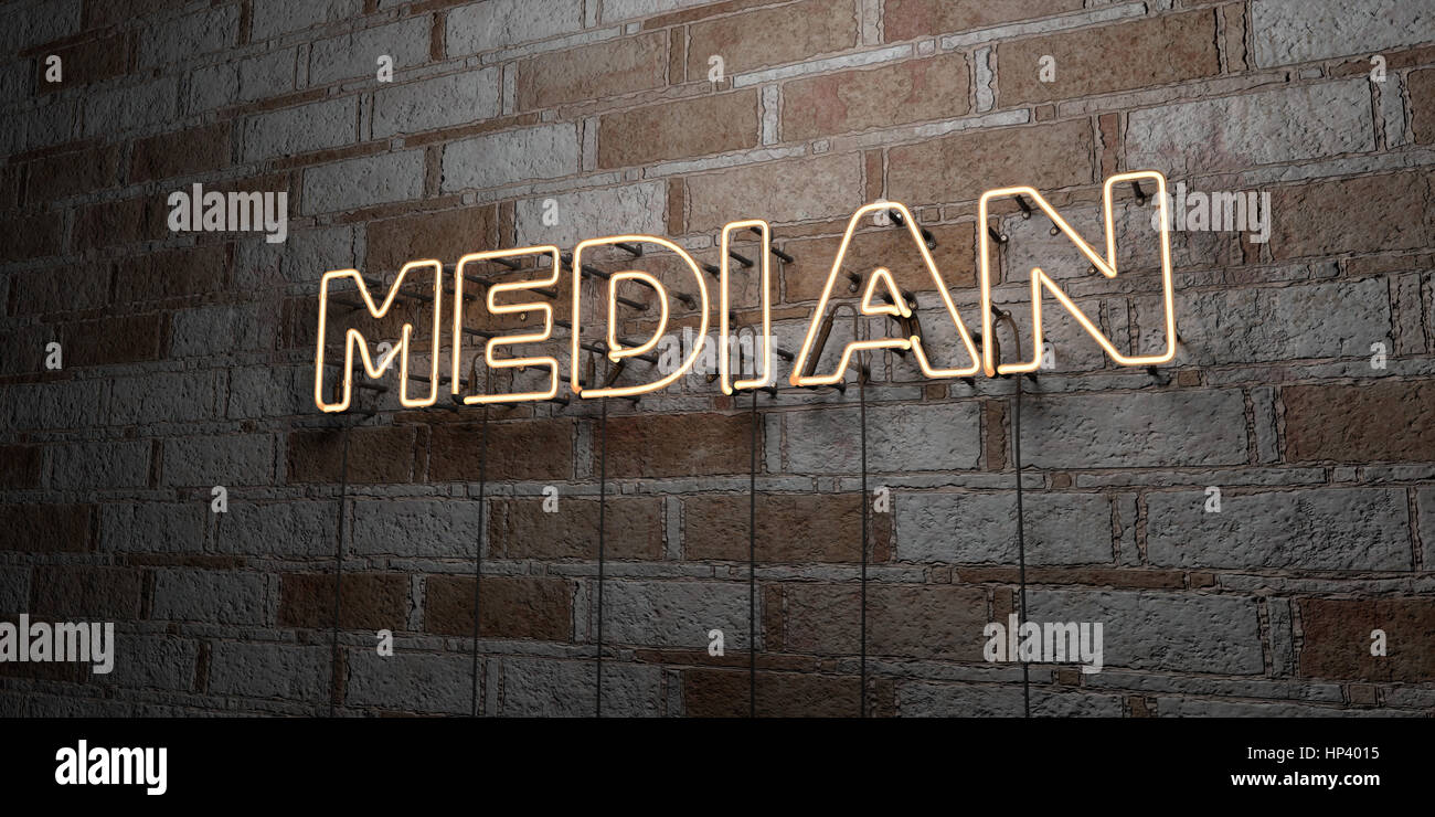 MEDIAN - Glowing Neon Sign on stonework wall - 3D rendered royalty free stock illustration.  Can be used for online banner ads and direct mailers. Stock Photo