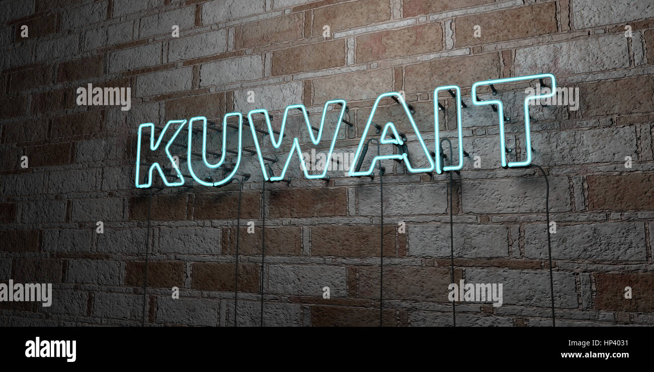 KUWAIT - Glowing Neon Sign on stonework wall - 3D rendered royalty free stock illustration.  Can be used for online banner ads and direct mailers. Stock Photo