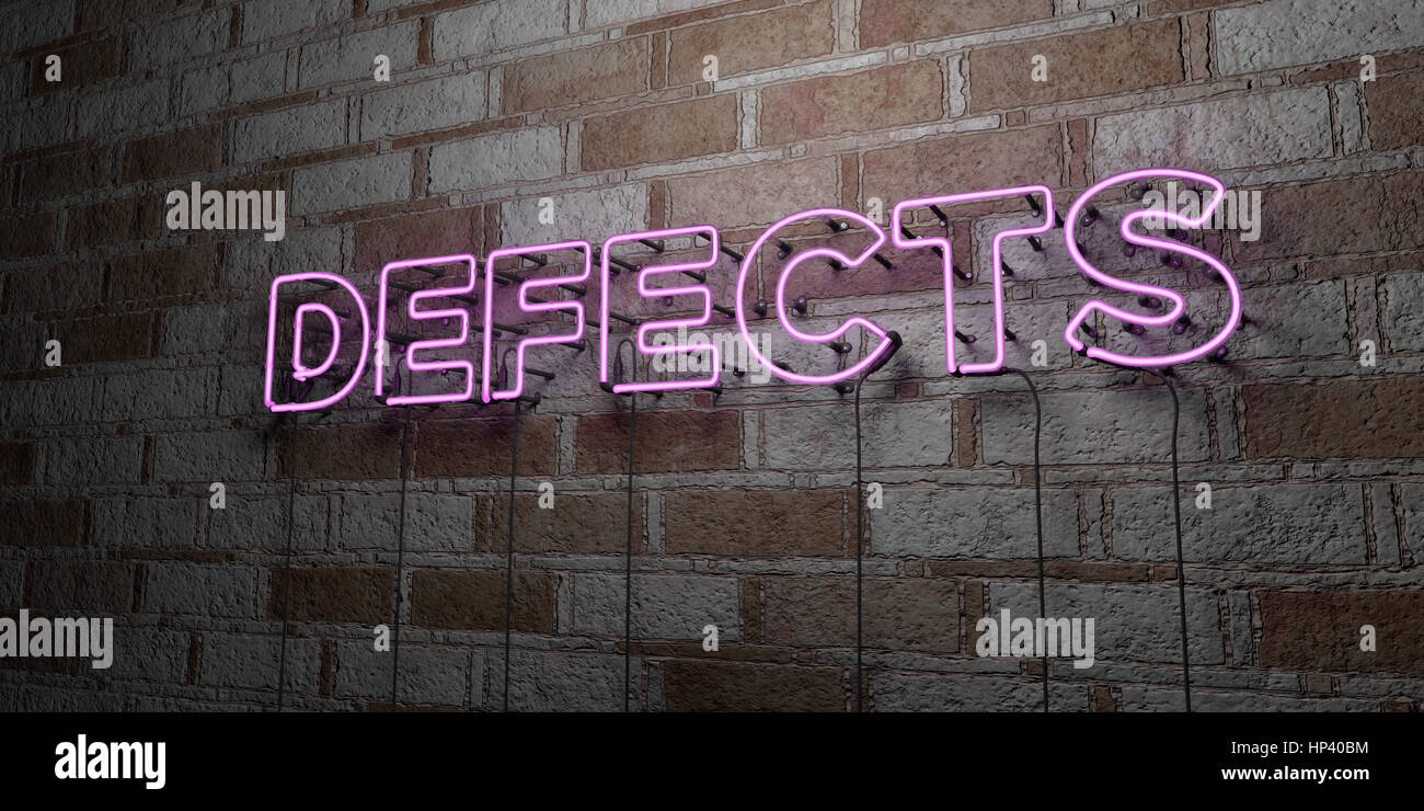 DEFECTS - Glowing Neon Sign on stonework wall - 3D rendered royalty free stock illustration.  Can be used for online banner ads and direct mailers. Stock Photo
