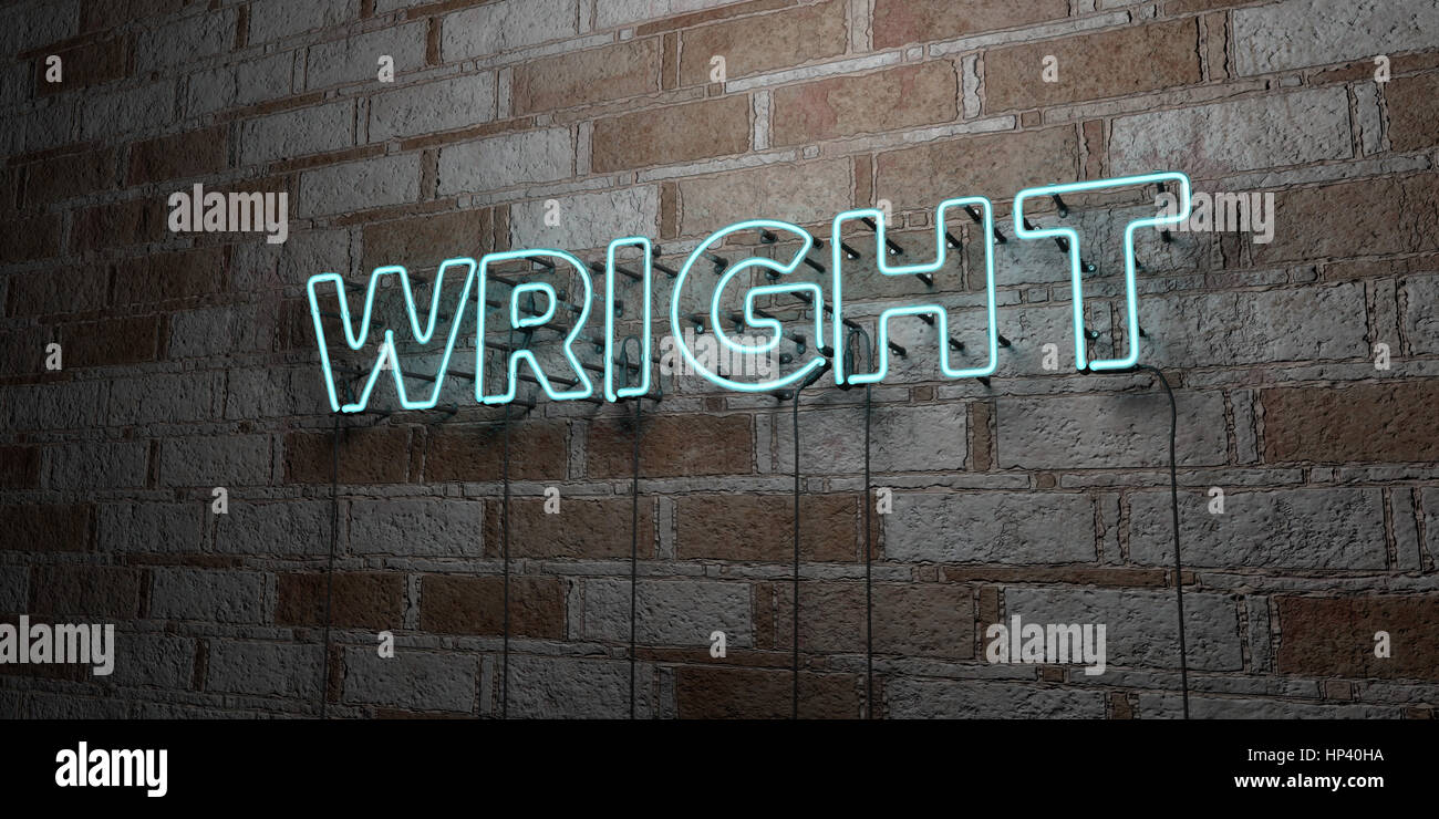 WRIGHT - Glowing Neon Sign on stonework wall - 3D rendered royalty free stock illustration.  Can be used for online banner ads and direct mailers. Stock Photo