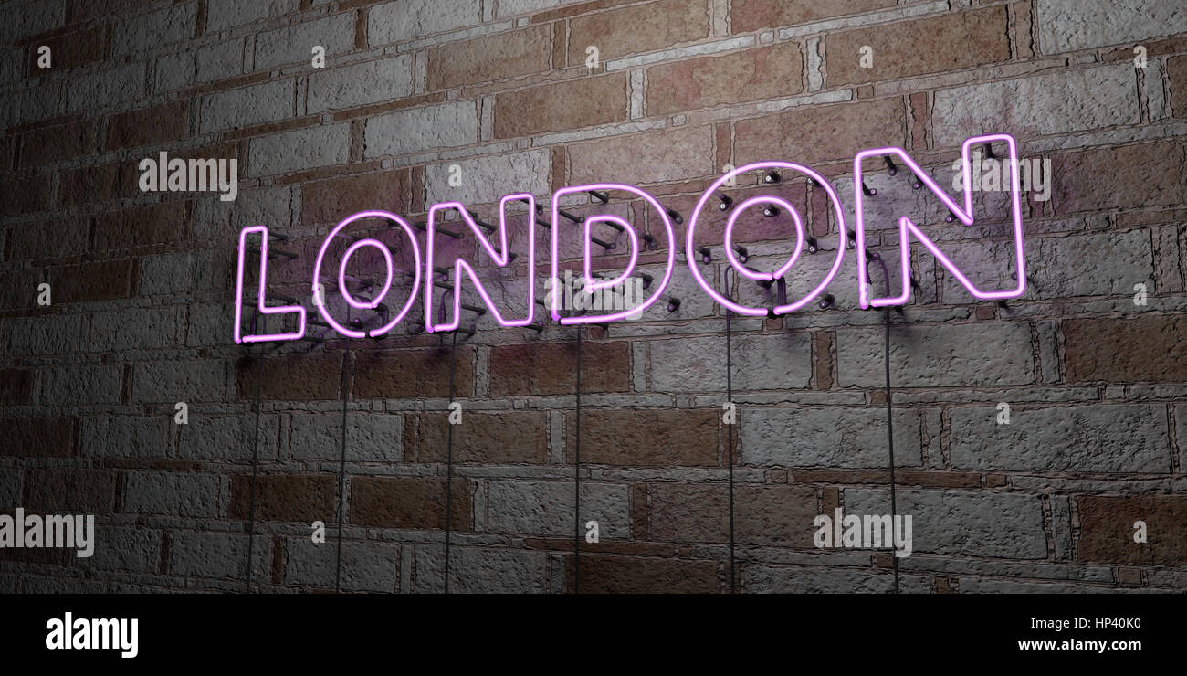 LONDON - Glowing Neon Sign on stonework wall - 3D rendered royalty free stock illustration.  Can be used for online banner ads and direct mailers. Stock Photo