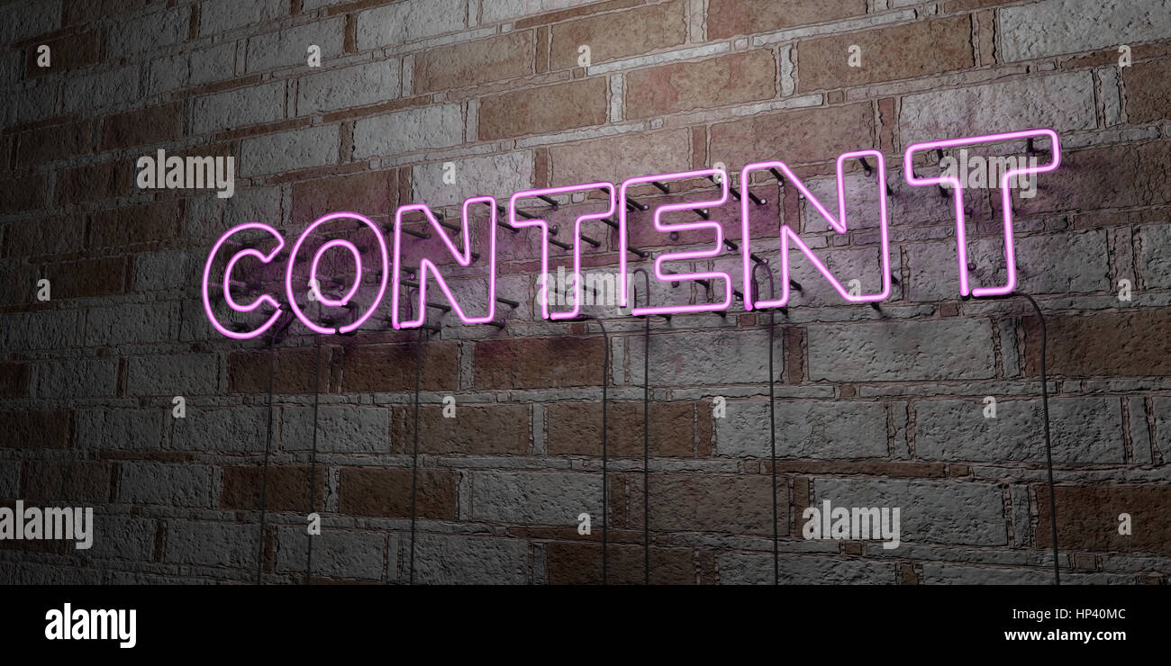 CONTENT - Glowing Neon Sign on stonework wall - 3D rendered royalty free stock illustration.  Can be used for online banner ads and direct mailers. Stock Photo