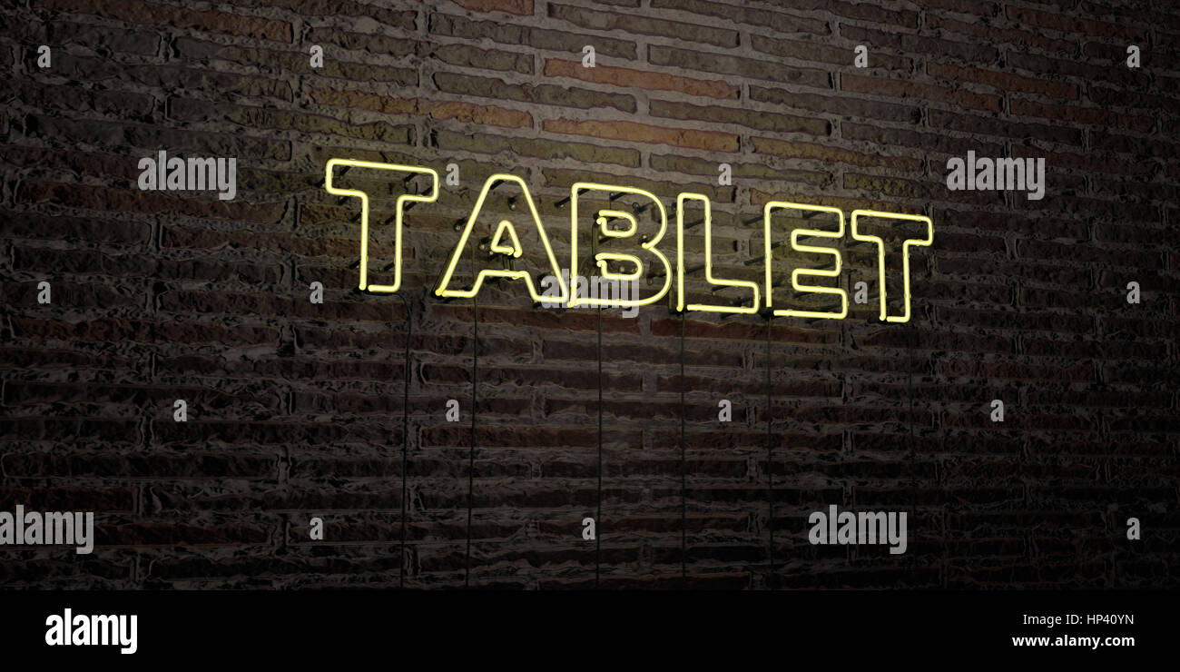 TABLET -Realistic Neon Sign on Brick Wall background - 3D rendered ...