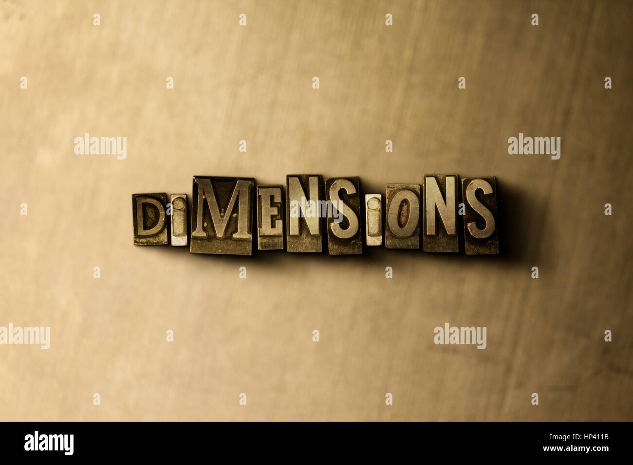 Dimensions Close Up Of Grungy Vintage Typeset Word On Metal