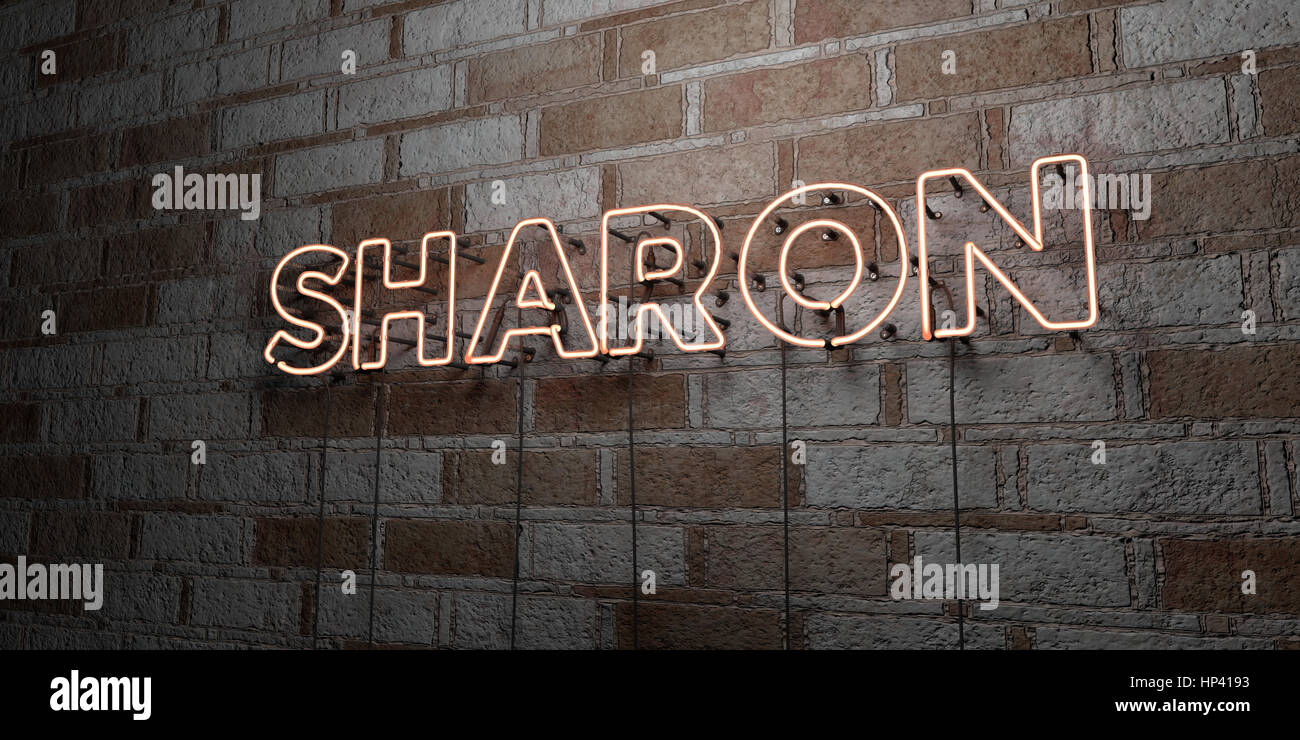 Sharon Sign SHARON - Glowing Neon Sign on stonework wall - 3D rendered royalty free ...