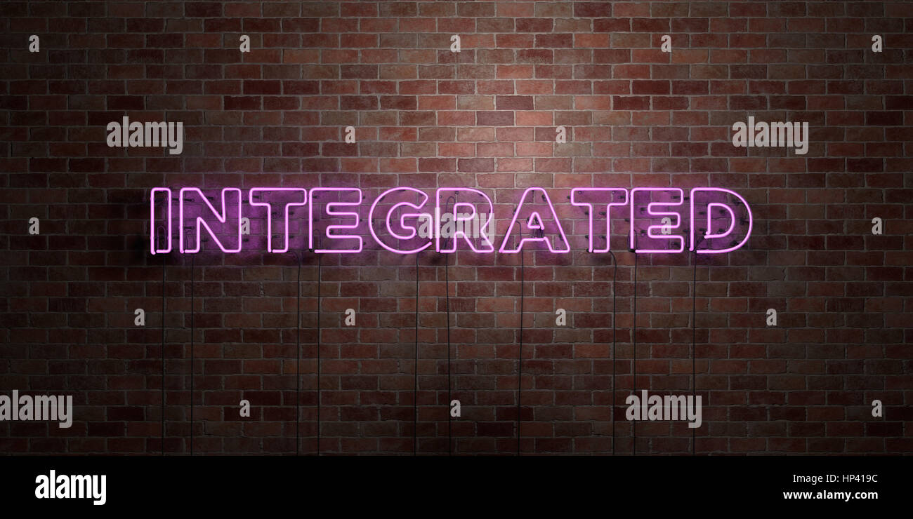 INTEGRATED - fluorescent Neon tube Sign on brickwork - Front view - 3D ...