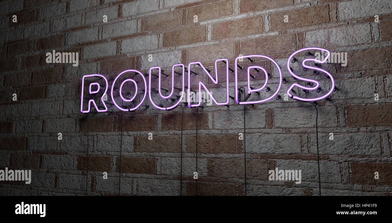 ROUNDS - Glowing Neon Sign on stonework wall - 3D rendered royalty free stock illustration.  Can be used for online banner ads and direct mailers. Stock Photo