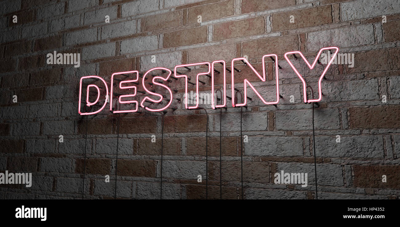 DESTINY - Glowing Neon Sign on stonework wall - 3D rendered royalty free stock illustration.  Can be used for online banner ads and direct mailers. Stock Photo