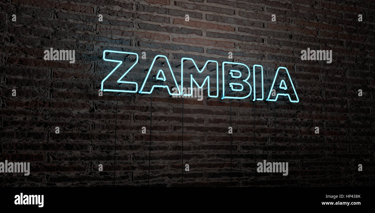 ZAMBIA Realistic Neon Sign on Brick Wall background 3D rendered