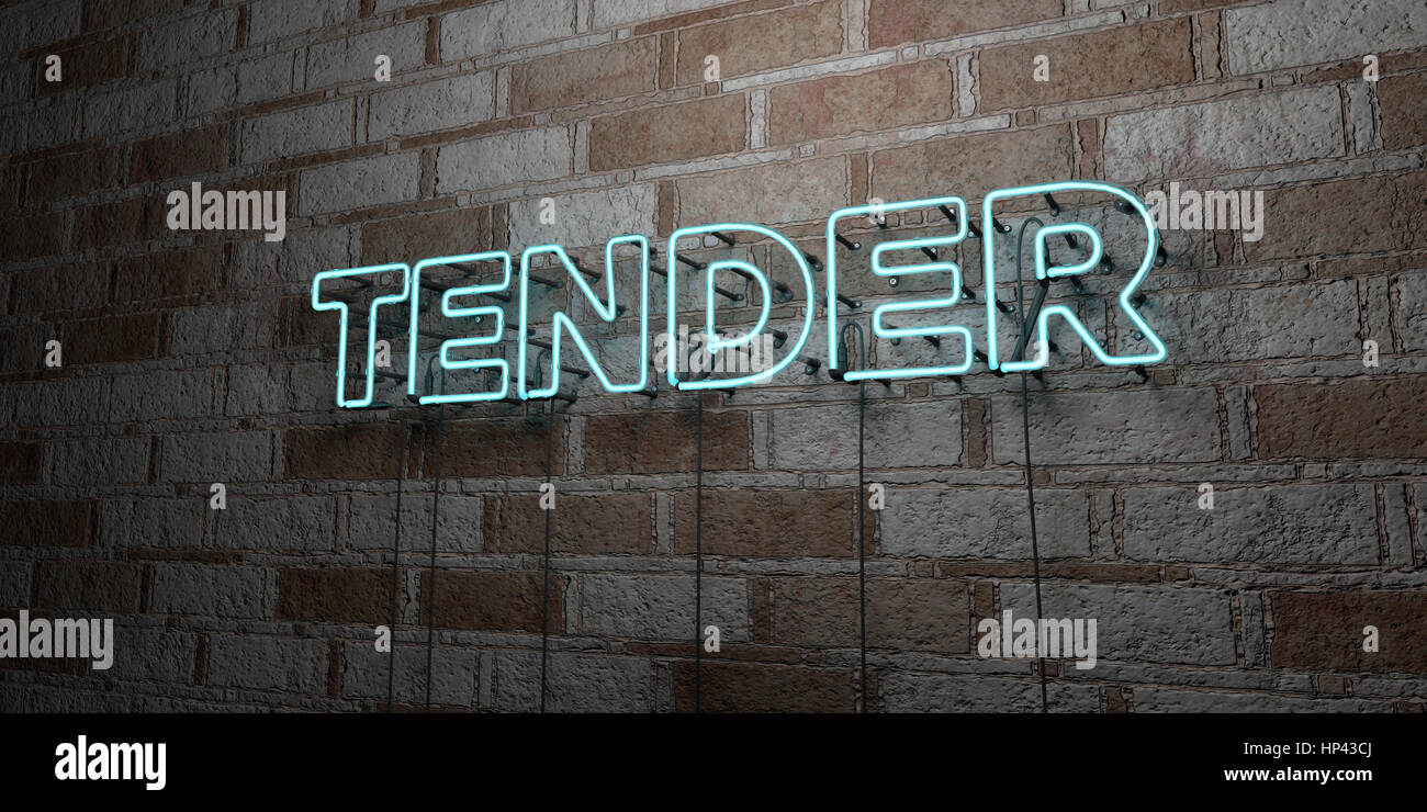 TENDER - Glowing Neon Sign on stonework wall - 3D rendered royalty free stock illustration.  Can be used for online banner ads and direct mailers. Stock Photo