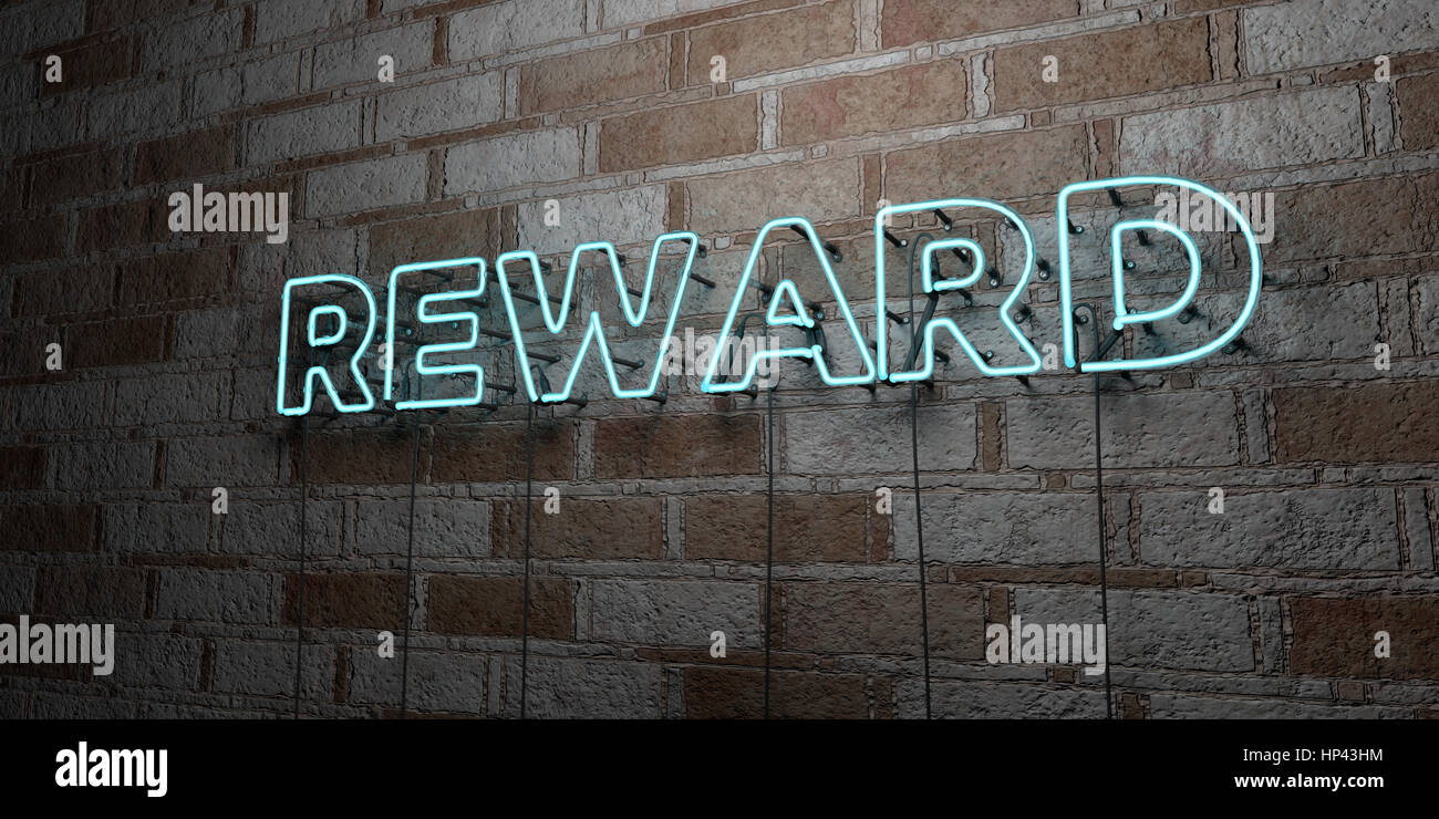 REWARD - Glowing Neon Sign on stonework wall - 3D rendered royalty free stock illustration.  Can be used for online banner ads and direct mailers. Stock Photo