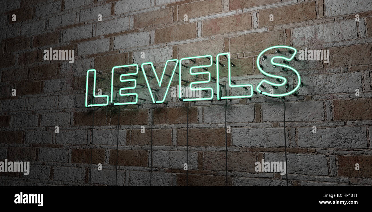 LEVELS - Glowing Neon Sign on stonework wall - 3D rendered royalty free stock illustration.  Can be used for online banner ads and direct mailers. Stock Photo