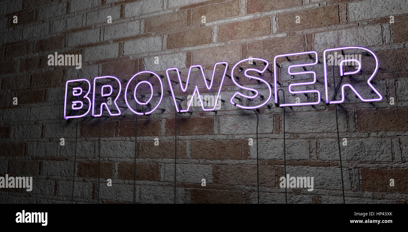 BROWSER - Glowing Neon Sign on stonework wall - 3D rendered royalty free stock illustration.  Can be used for online banner ads and direct mailers. Stock Photo