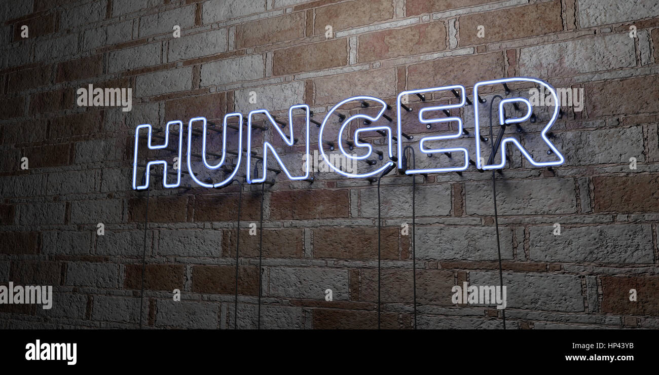 HUNGER - Glowing Neon Sign on stonework wall - 3D rendered royalty free stock illustration.  Can be used for online banner ads and direct mailers. Stock Photo