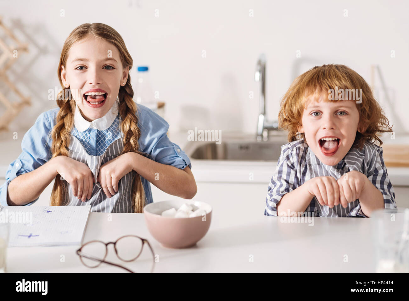 Humorous active sweet children fooling around Stock Photo