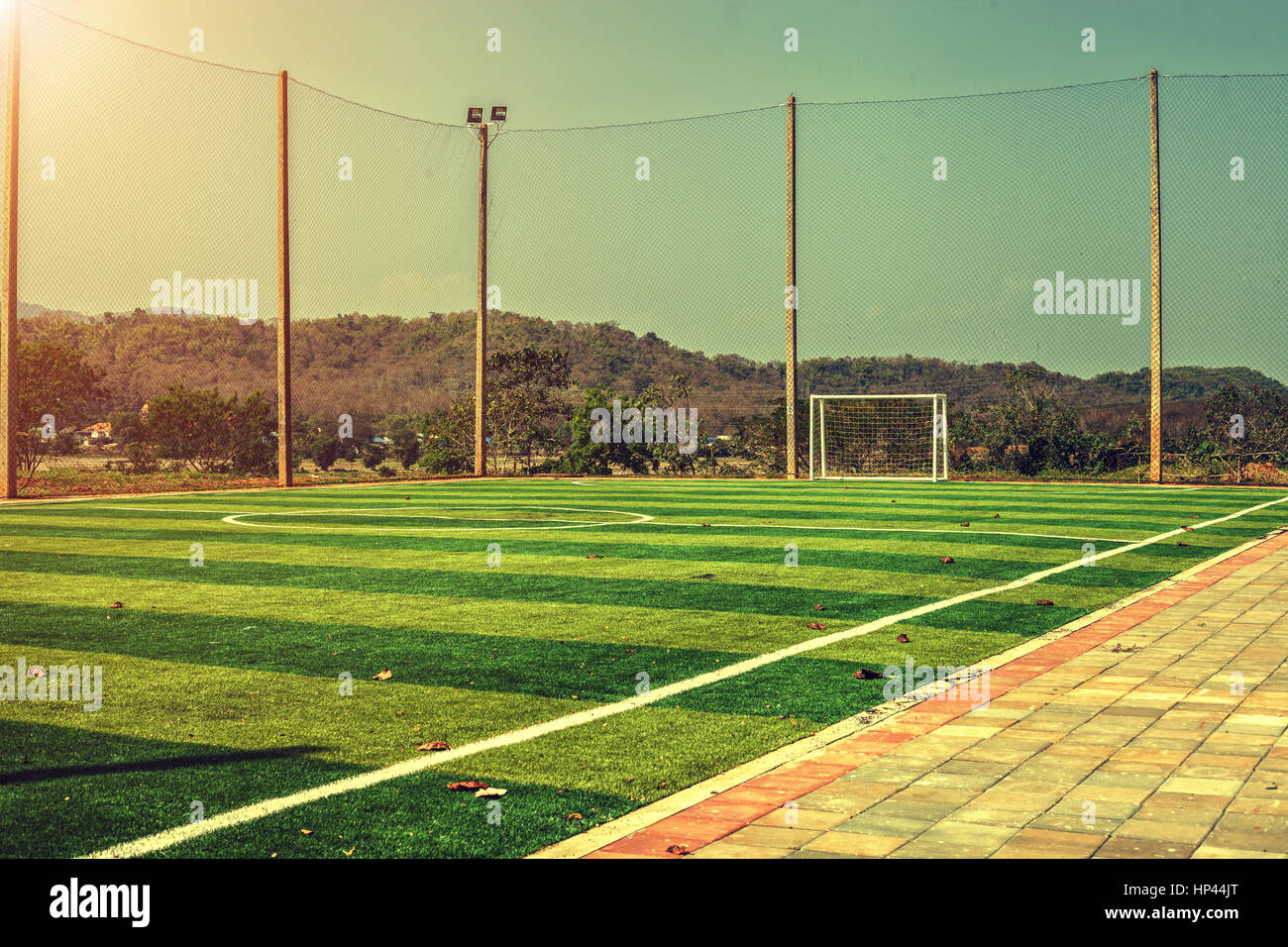Artificial Turf Football Field With Vintage Color Filter And