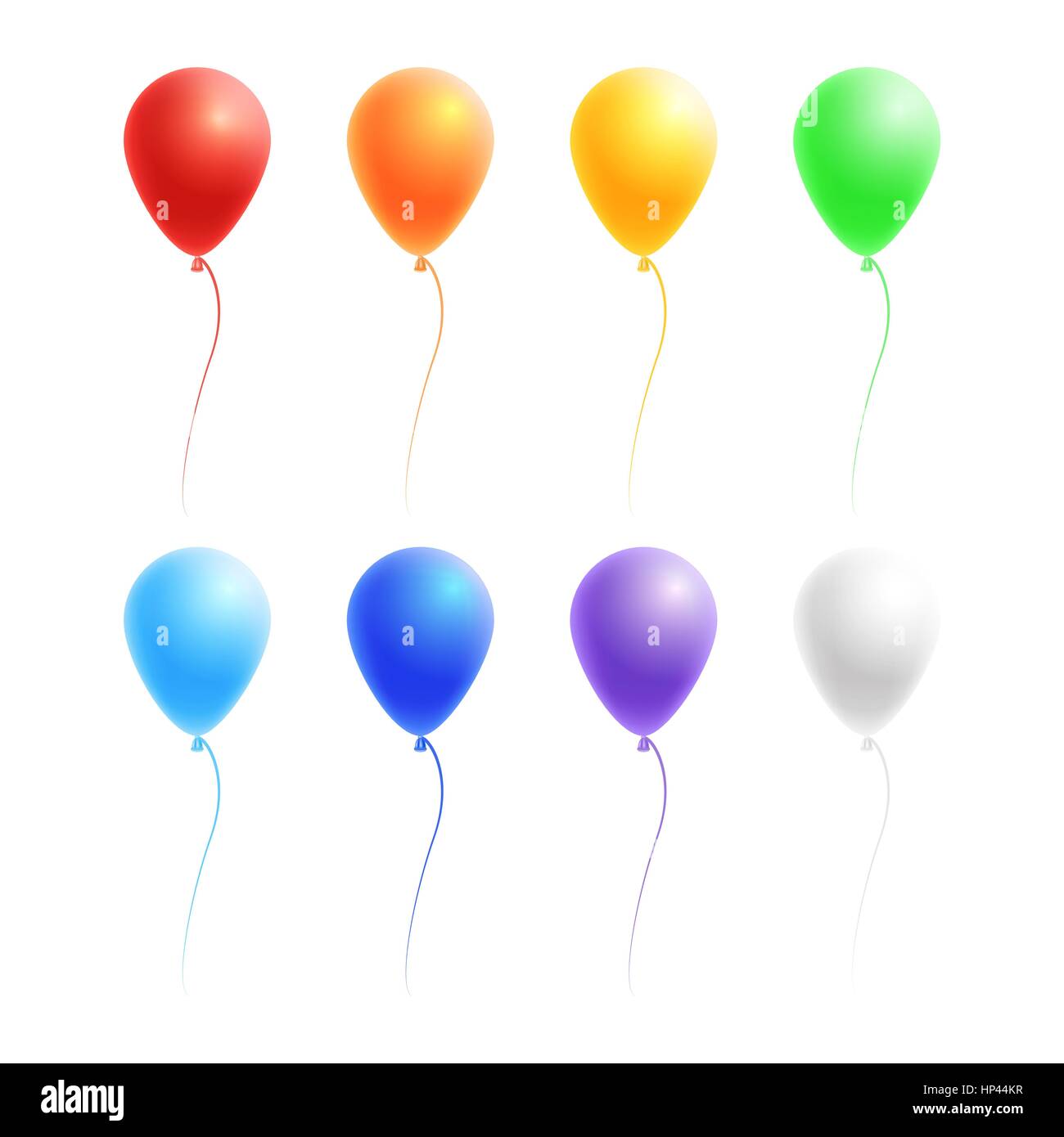 Vector set of colorful birthday or party balloons on red, orange, yellow, green, blue, violet and white color  isolated on white background Stock Vector