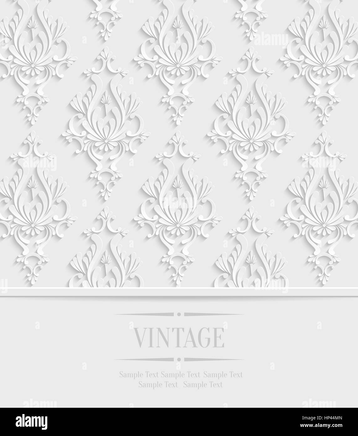 Vector 3d Vintage Wedding or Invitation Card with Floral Damask Pattern Stock Vector
