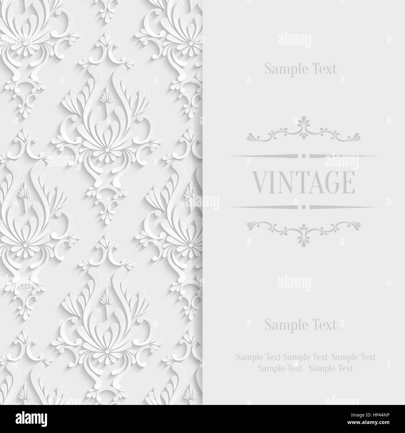 Vector White Vintage Background with 3d Floral Damask Pattern for Wedding or Invitation Card Stock Vector