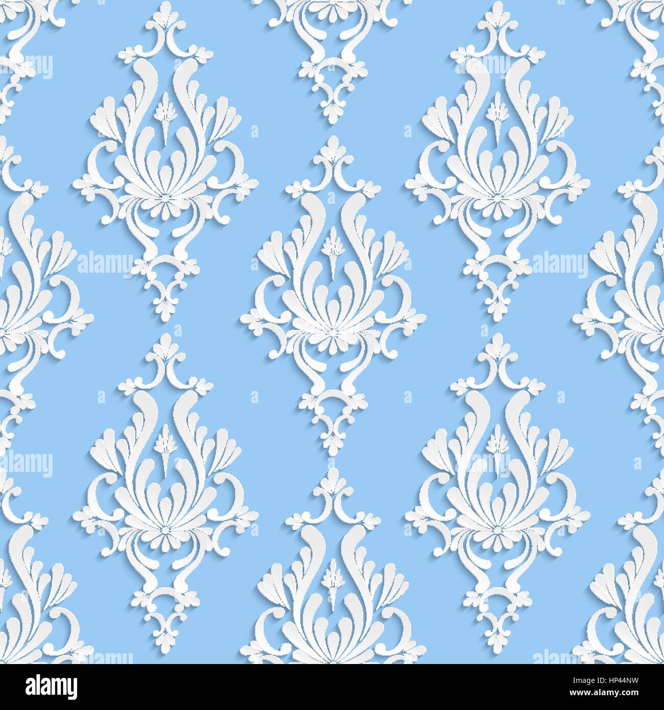 Vector Damask Seamless Background with 3d Floral Pattern over Blue ...