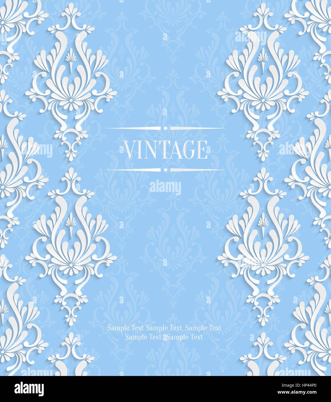 Vector Blue Vintage Background with 3d Floral Damask Pattern Template ...