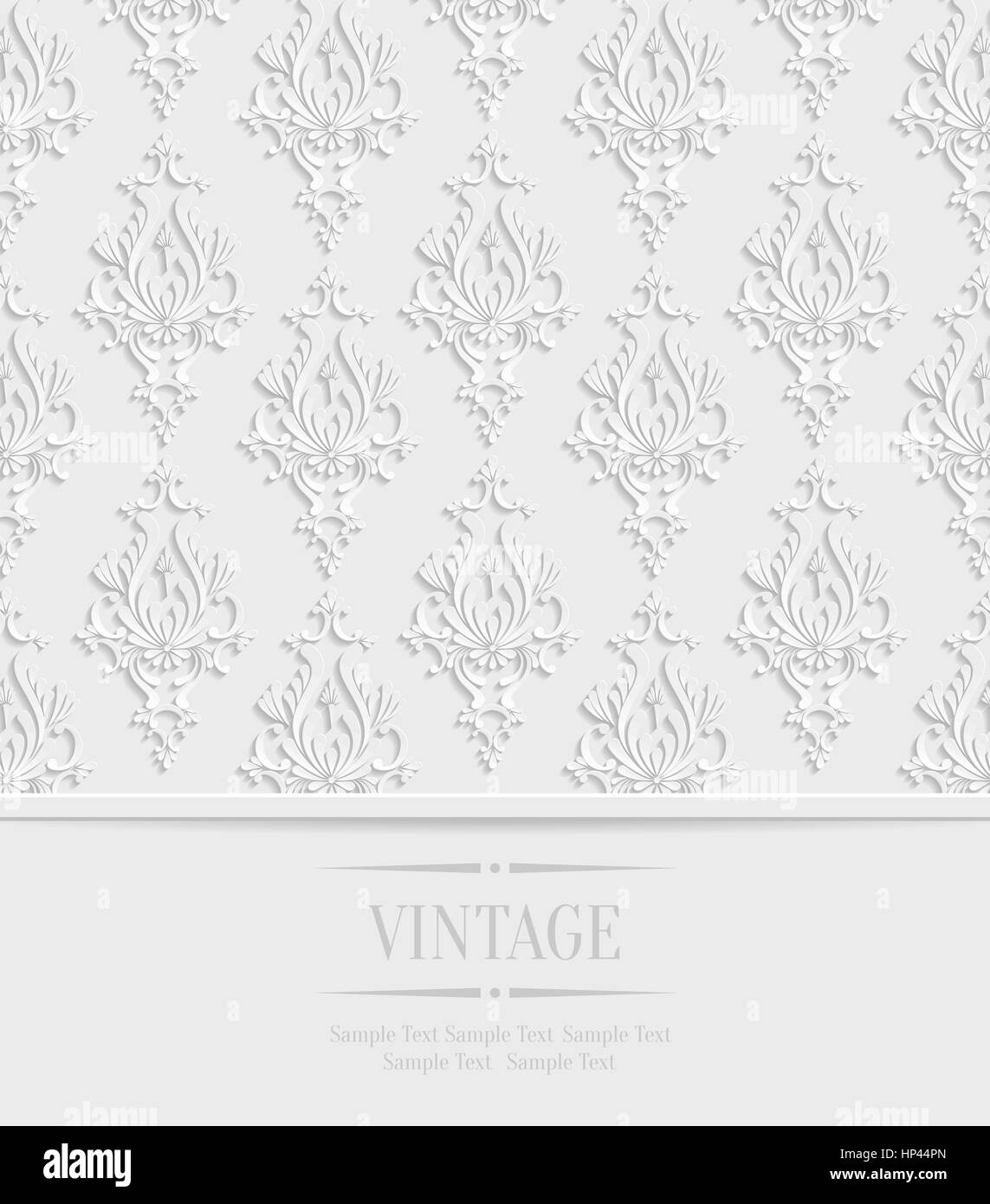 Vector White Vintage Wedding or Invitation Background with 3d Floral Damask Pattern Stock Vector