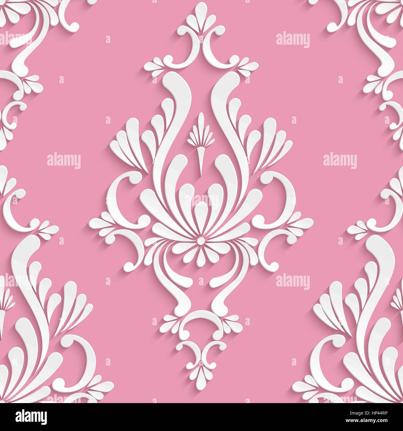 Vector Damask Seamless Background with 3d Floral Pattern over Pink