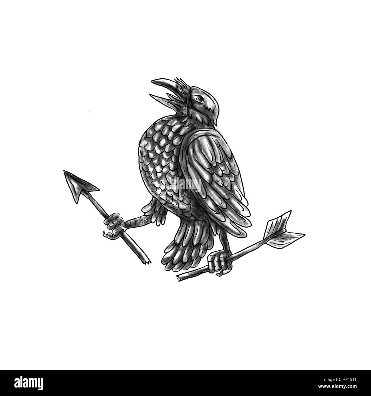 Tattoo style illustration of a crow looking up clutching a broken arrow viewed from the side set on isolated white background. Stock Photo