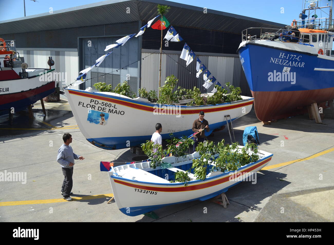 Nice motor boat ashore at marine, Sao Miguel island, Azores archipelago, Portugal. Stock Photo