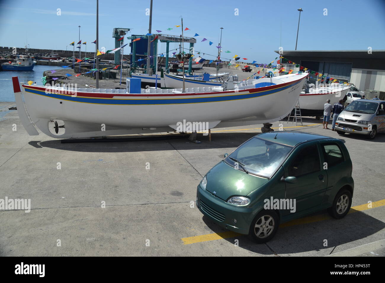 Nice motor boat ashore at marine, Sao Miguel island, Azores archipelago, Portugal. Stock Photo