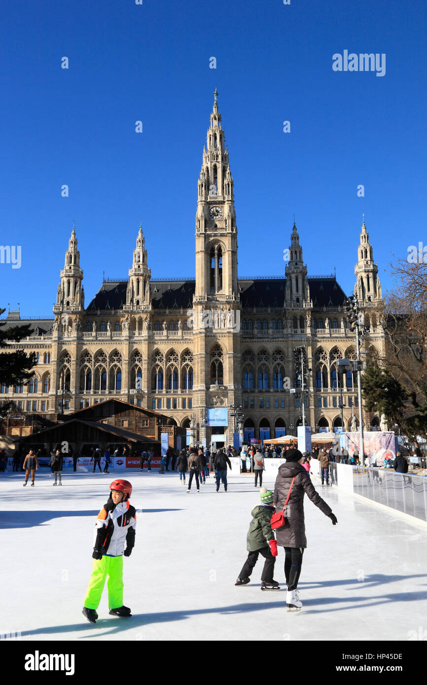 Ice-skating square EISTRAUM in front of town hall,  Vienna, Austria, Europe Stock Photo